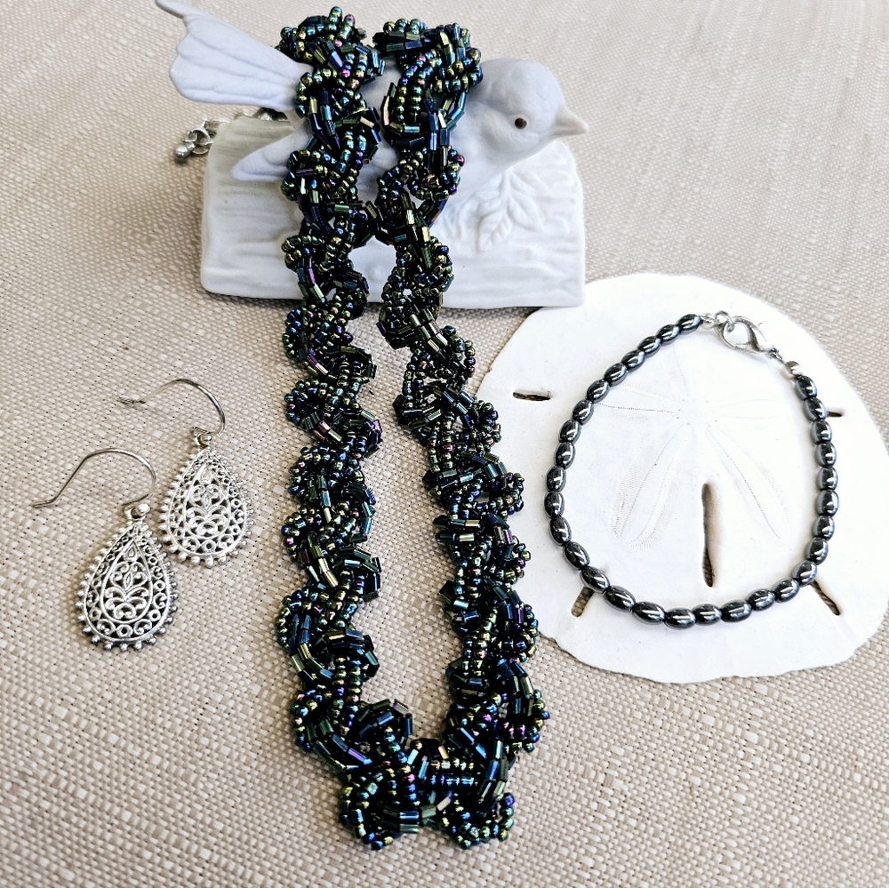 SET! 925 Teardrop Earrings, Braided Beaded Necklace, & Hematite Bracelet SET! - Picture 1 of 15